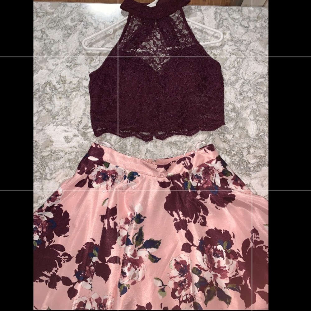 HOMECOMING TWO - PIECE BURGUNDY/PINK FLORAL DRESS